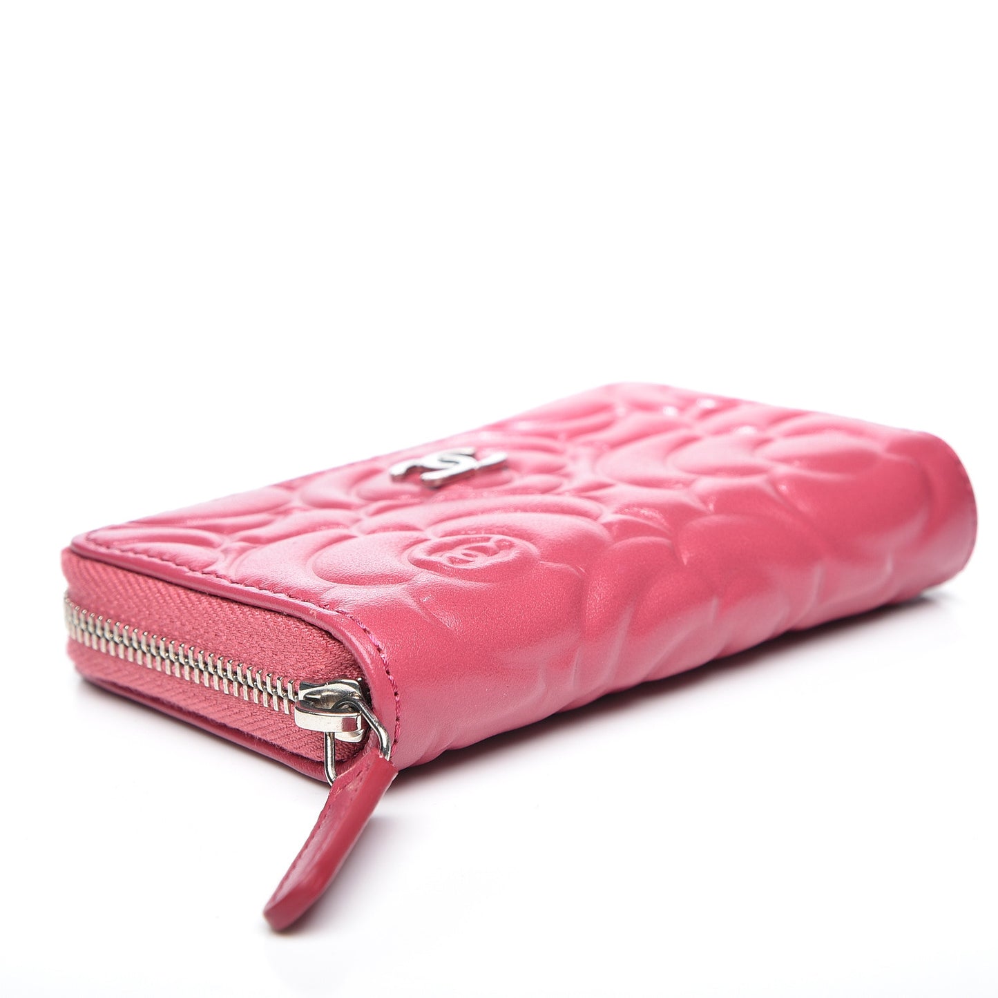 Lambskin Camellia Embossed Zip Around Card Holder Fuchsia