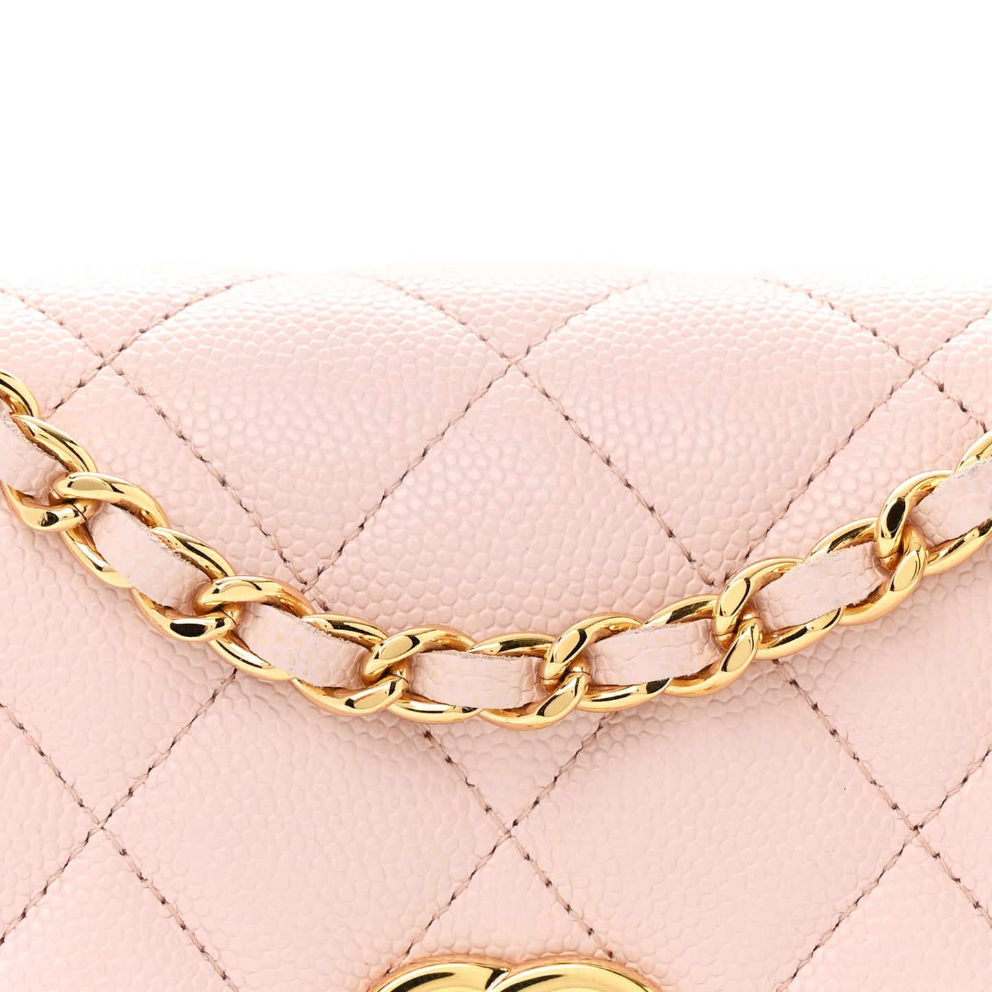 Shiny Caviar Quilted Flap Charm Wallet On Chain WOC Light Pink