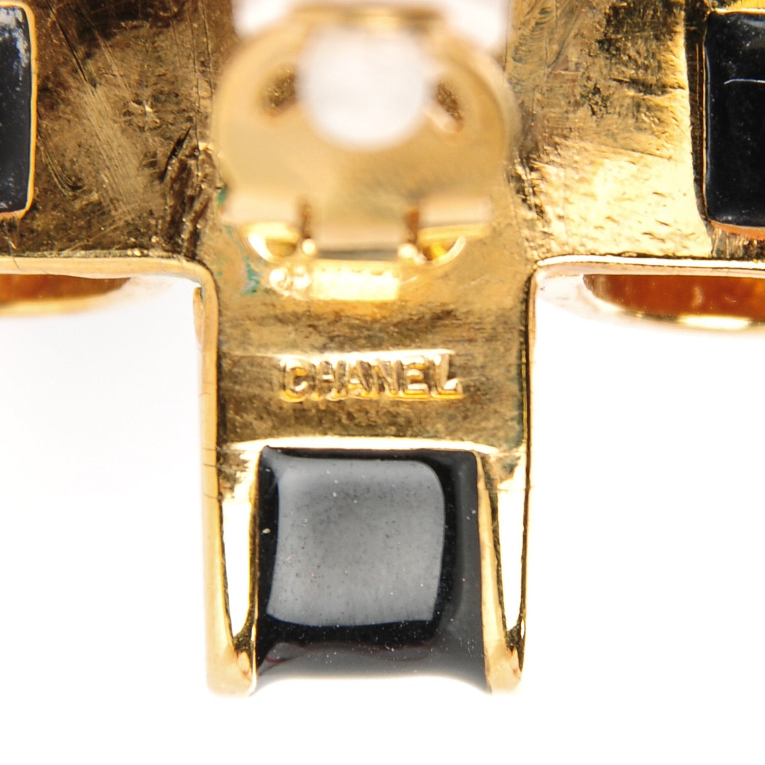 Chanel Onyx Pearl Ribbon Clip On Earrings Black Gold 4 of 4