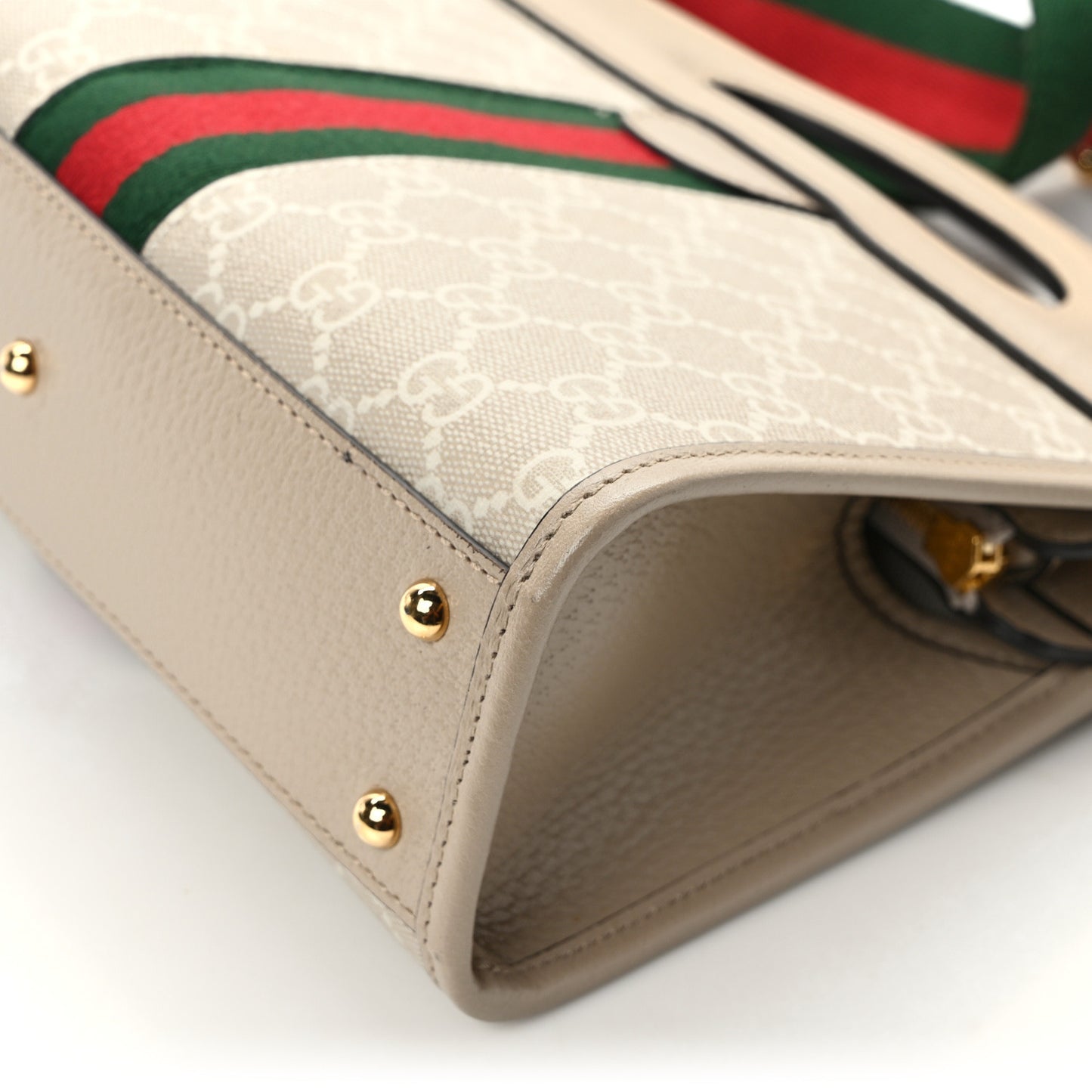 GG Supreme Monogram Textured Dollar Calfskin Web Small Ophidia Slip Handle Tote Beige Mystic White Oatmeal
