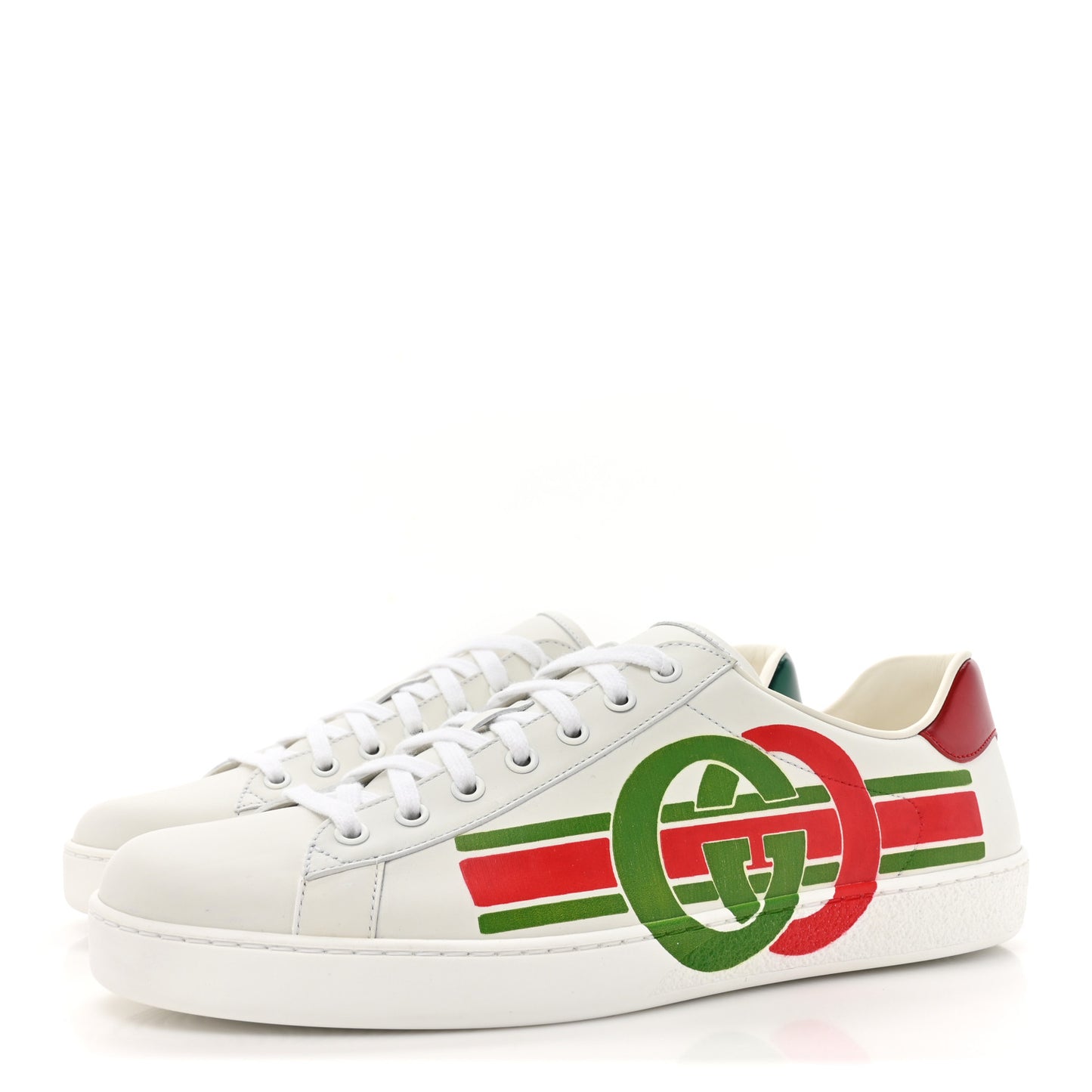 Calfskin Interlocking G Mens New Ace Sneakers 10.5 White Red Flame Green