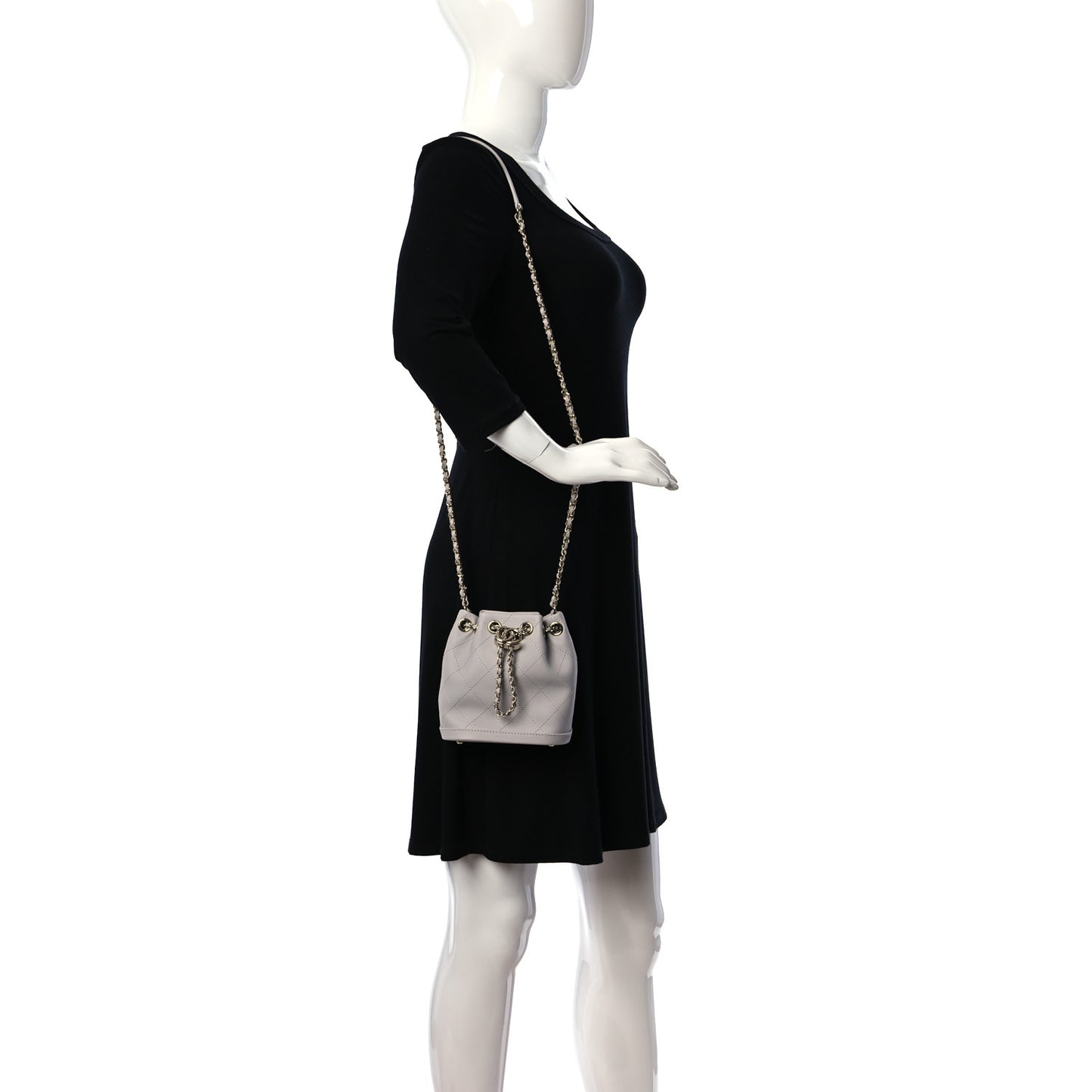 Calfskin Stitched Mini Drawstring CC Bag Light Grey