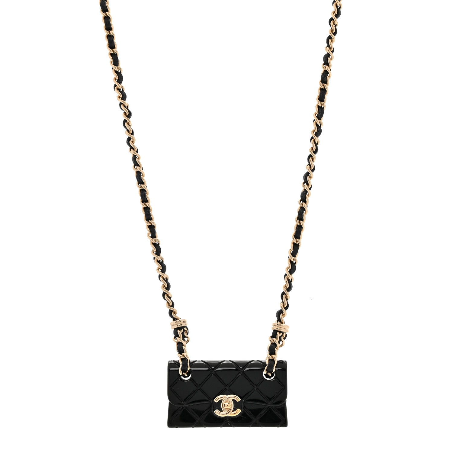 Chanel Metal Resin Calfskin Quilted CC Turnlock Chain Bag Necklace Gold Black 1 of 5
