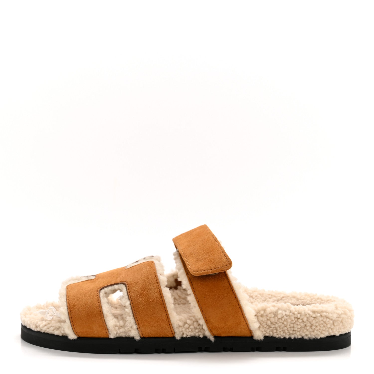Hermes Suede Goatskin Woolskin Womens Chypre Sandals 39 Brun Fume Ecru 1 of 10
