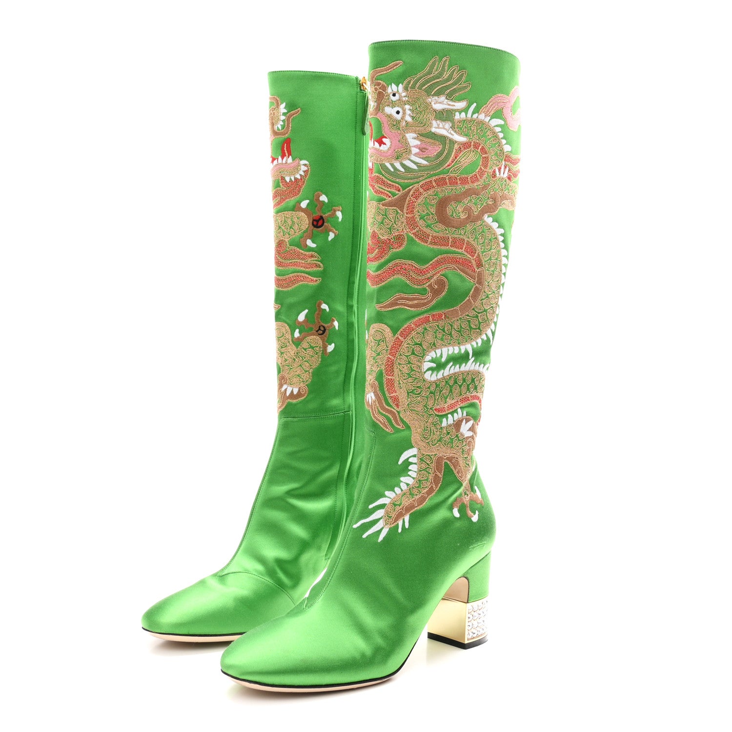 Gucci Silk Satin Malaga Kid Embroidered Candy Dragon Block-Heel Knee Boot 39 Palm 4 of 9