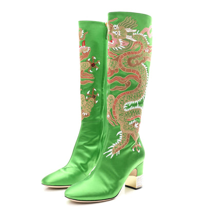 Gucci Silk Satin Malaga Kid Embroidered Candy Dragon Block-Heel Knee Boot 39 Palm 4 of 9
