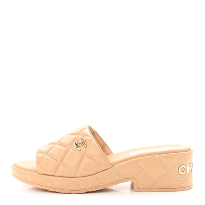 Chanel Lambskin Quilted CC Mules Wedge Sandals 38 Beige 1 of 11
