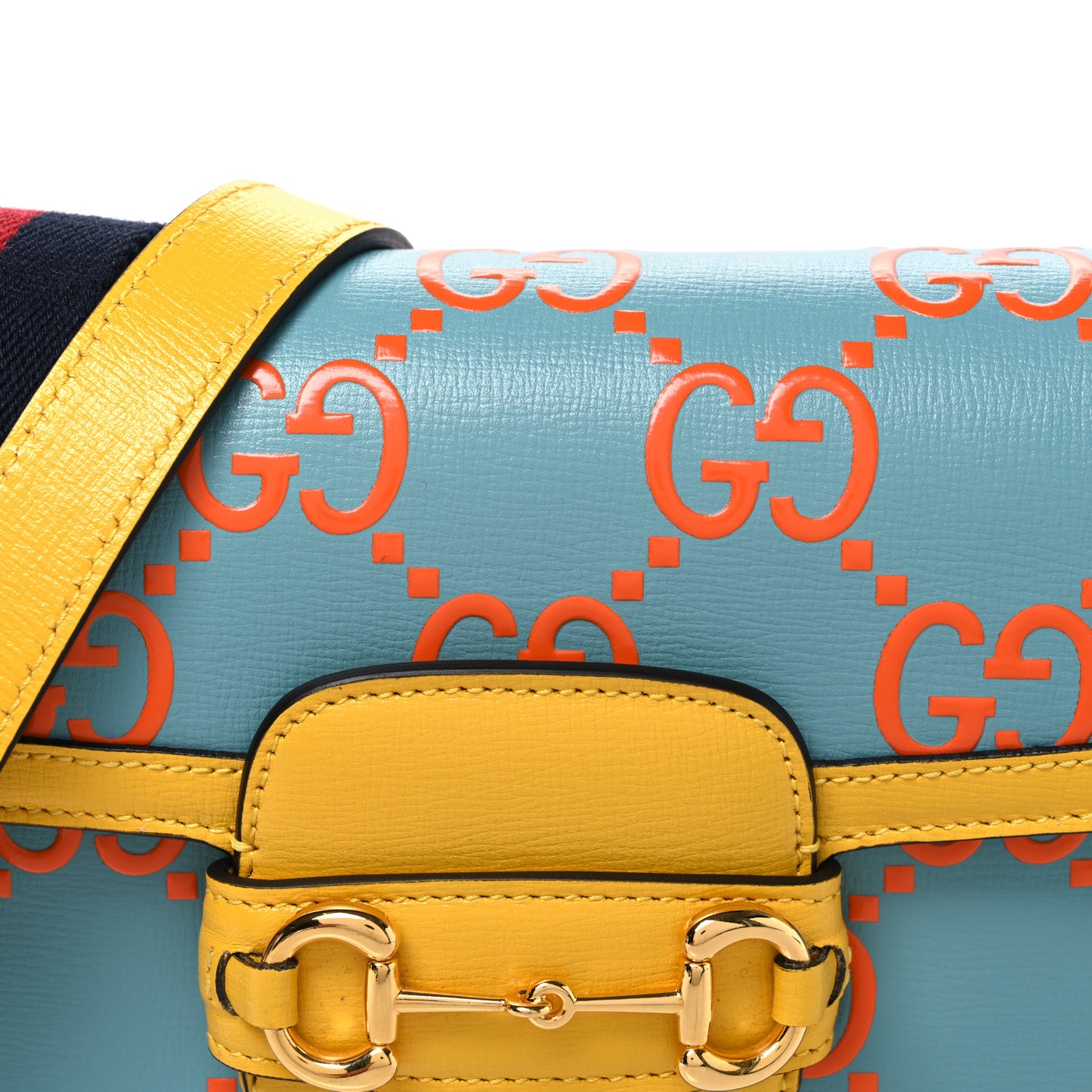 Azalea Calfskin GG Monogram Bi-Color Debossed Mini Horsebit 1955 Shoulder Bag Dusty Azure Stone Topaz Deep Orange