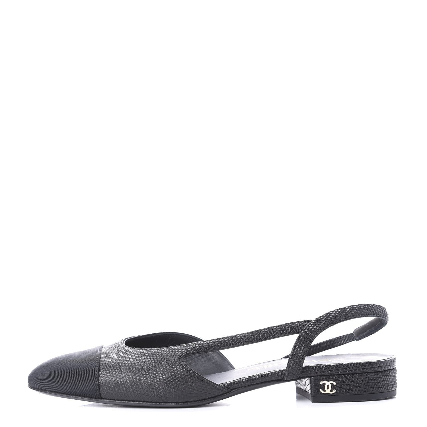 Chanel Lizard Grosgrain Cap Toe CC Slingback Sandals 36 Black 1 of 10