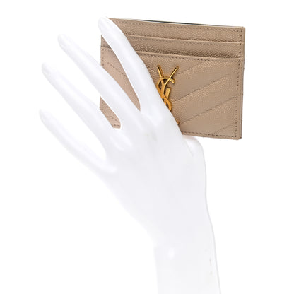 Saint Laurent Grain De Poudre Matelasse Chevron Monogram Credit Card Case Dark Beige 2 of 8