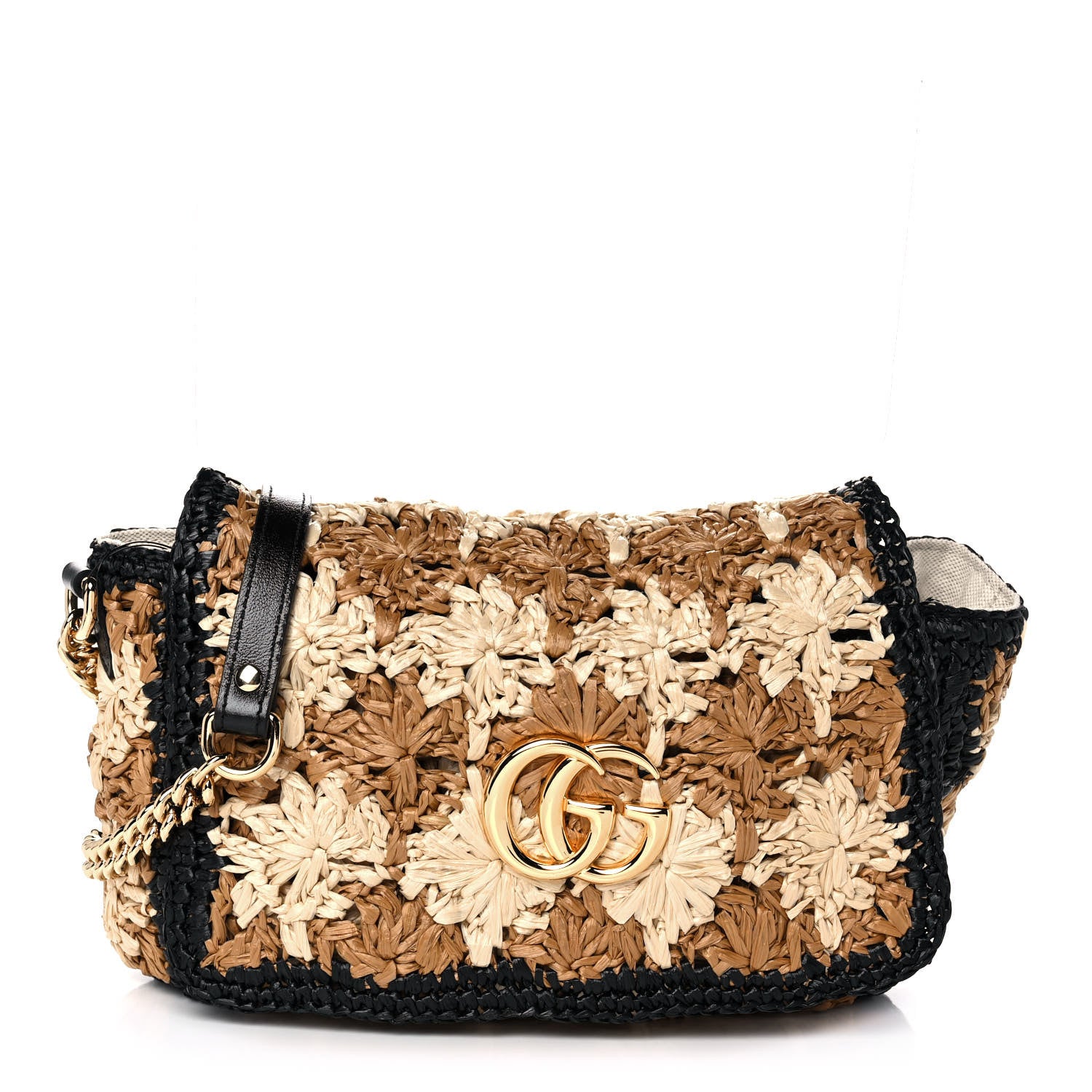 Gucci Raffia Azalea Calfskin Crochet Flower Small GG Marmont Shoulder Bag Natural Ecru Black 1 of 10