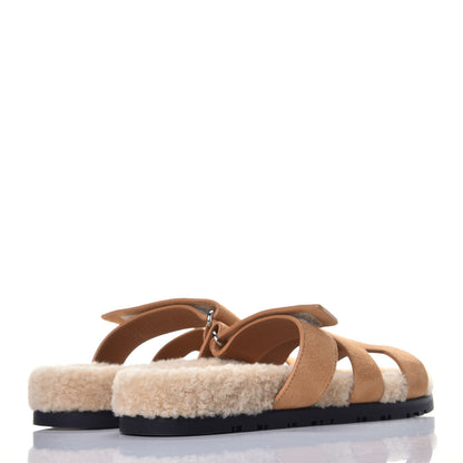 Hermes Suede Goatskin Woolskin Womens Chypre Sandals 38 Golden Beige 4 of 9