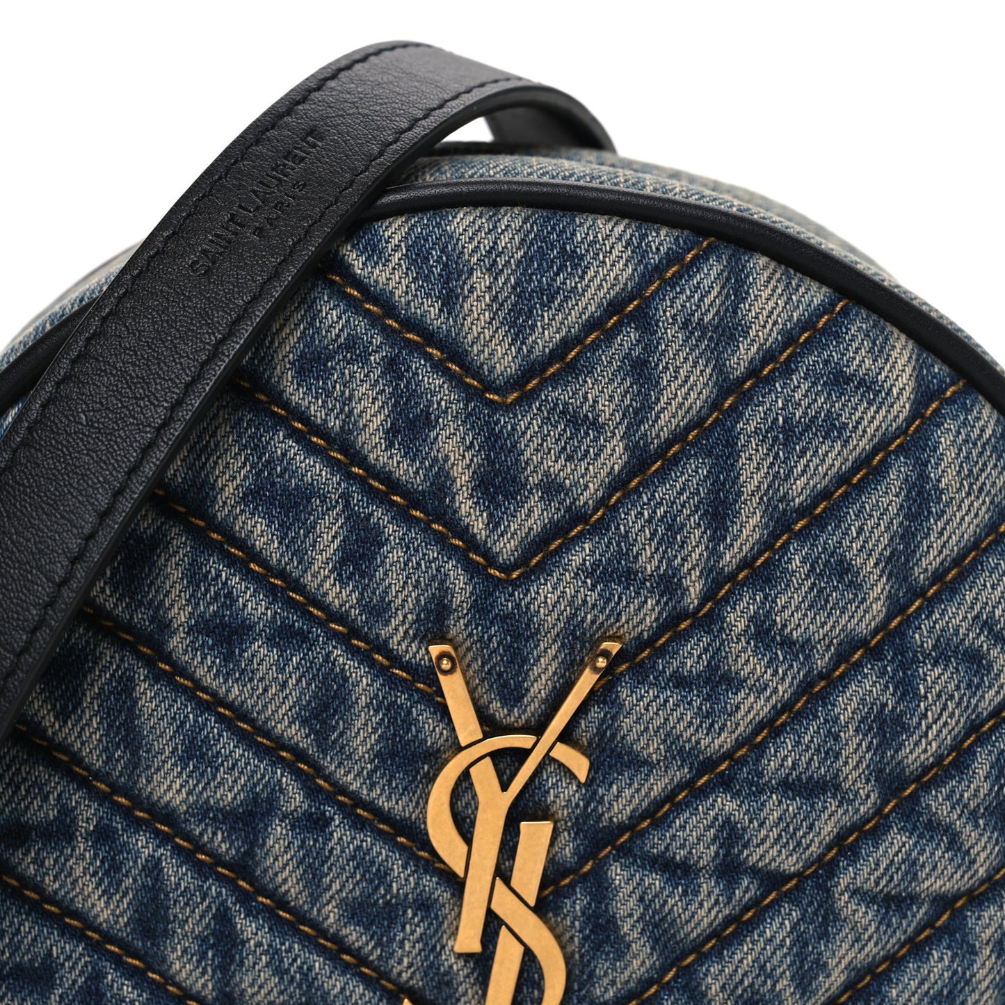 Denim Matelasse Chevron Quilted Round Vinyle Camera Bag Rodeo Blue Cinnamon