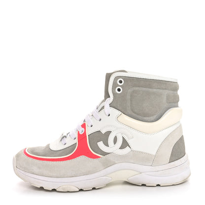 Chanel Suede Calfskin Lambskin Neoprene High Top CC Sneakers 37 White Fluo Pink Grey 1 of 8