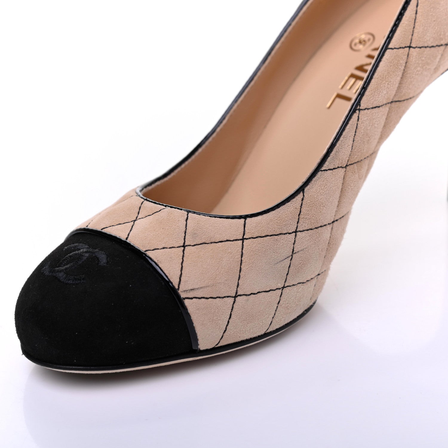 Chanel Suede Quilted Cap Toe Pumps 39 Beige Black 15 of 20
