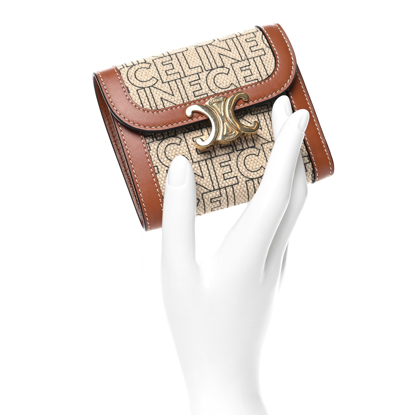 Textile Calfskin All Over Print Small Triomphe Wallet Natural Tan
