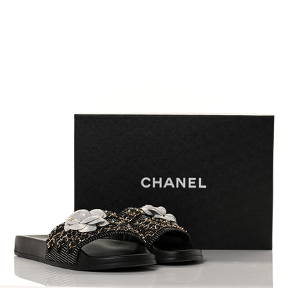 Chanel Calfskin Chain Camellia Flat Sandals 39 Black 9 of 9