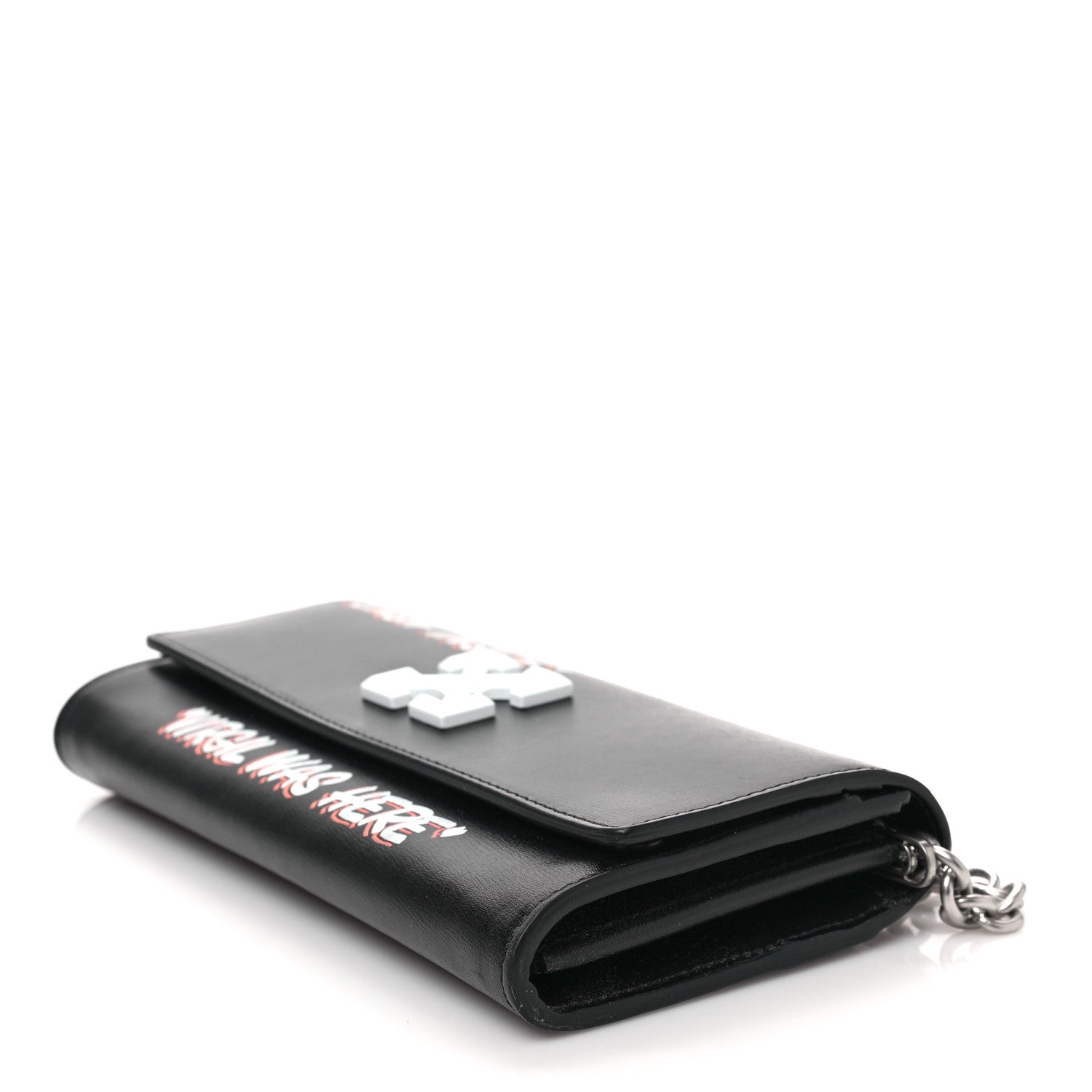 Off-White Calfskin Jitney Logo Flap Wallet On Chain Black 6 of 6
