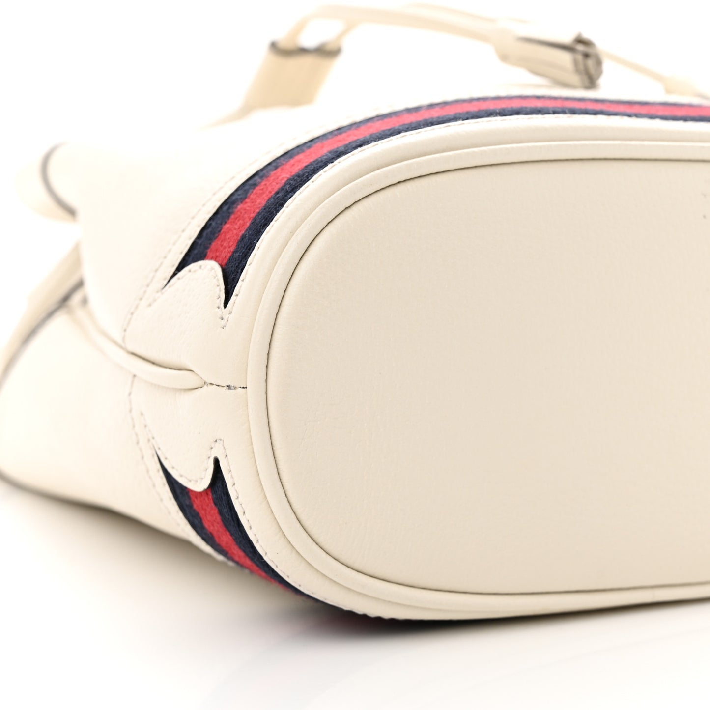 Glazed Textured Calfskin Web Small Ophidia Bucket Bag Mystic White