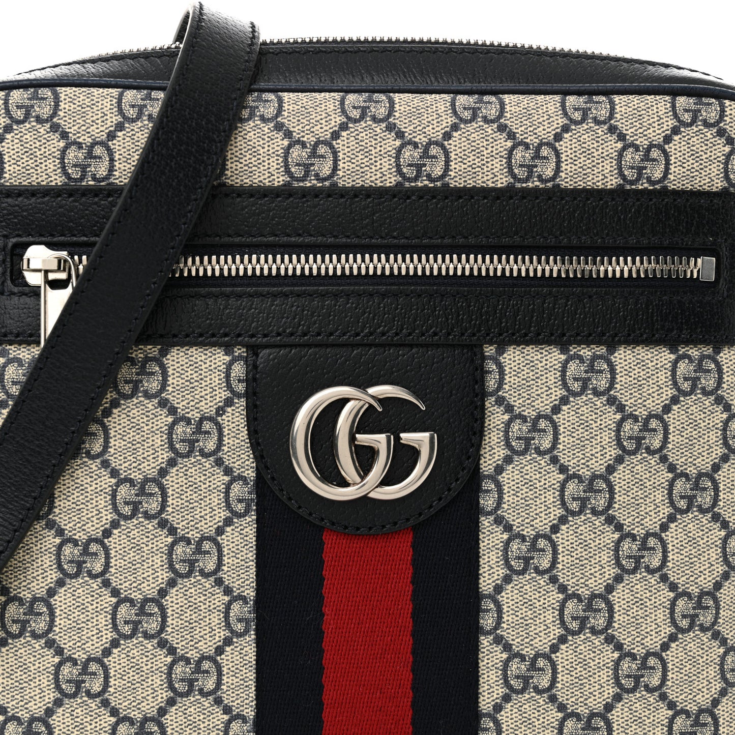 GG Supreme Monogram Textured Dollar Calfskin Web Small Ophidia Messenger Bag Beige Blue