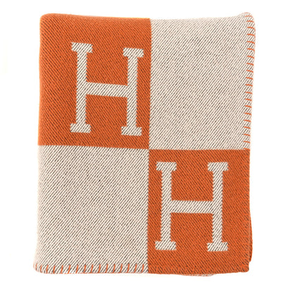 Hermes Wool Cashmere Signature Classic Avalon Blanket Ecru Potiron 1 of 3