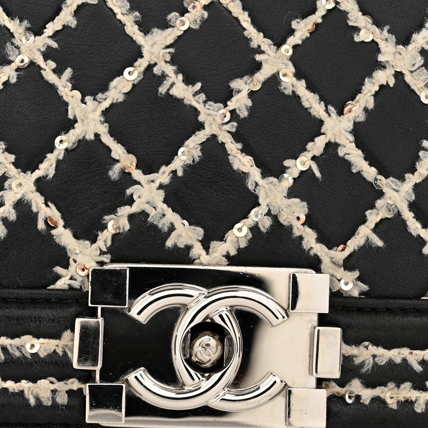 Chanel Calfskin Tweed Sequin Stitched Medium Boy Flap Black White 12 of 15