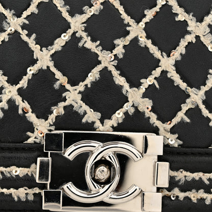 Chanel Calfskin Tweed Sequin Stitched Medium Boy Flap Black White 12 of 15