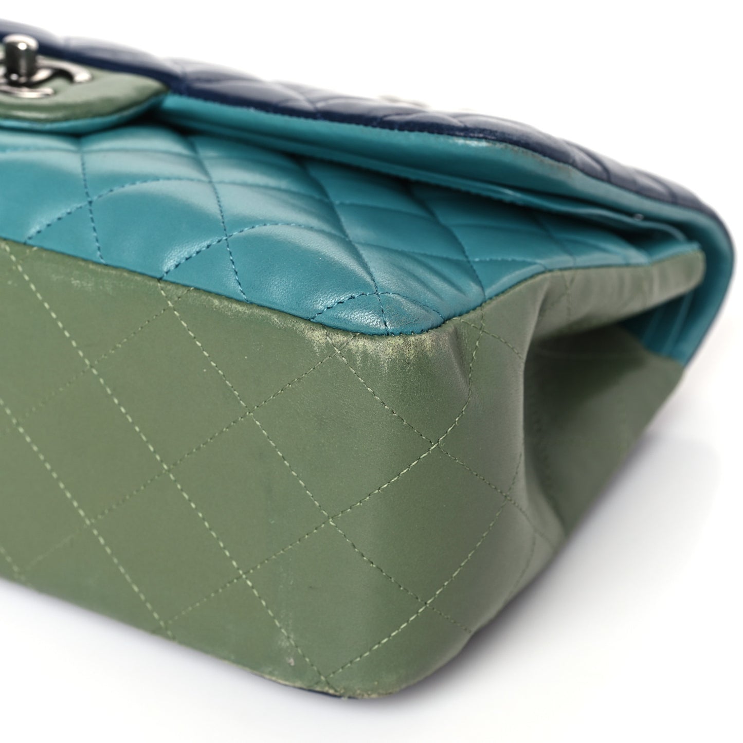 Lambskin Quilted Tri-Color Jumbo Double Flap Navy Blue Green