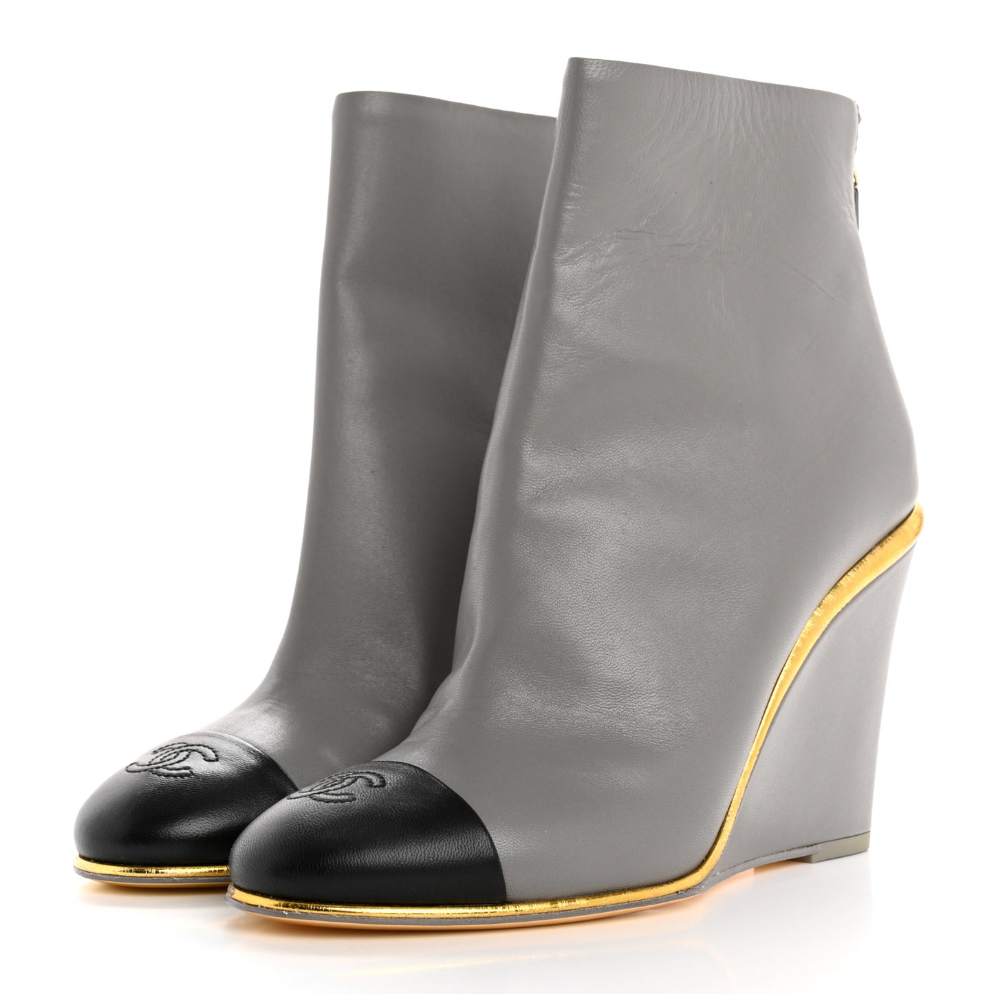 Lambskin Cap Toe Open Wedge Ankle Boots 36.5 Grey Black