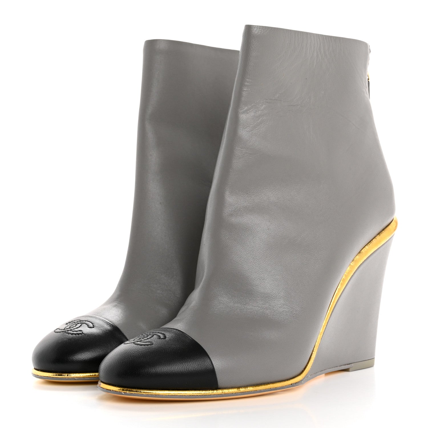 Chanel Lambskin Cap Toe Open Wedge Ankle Boots 36.5 Grey Black 4 of 12