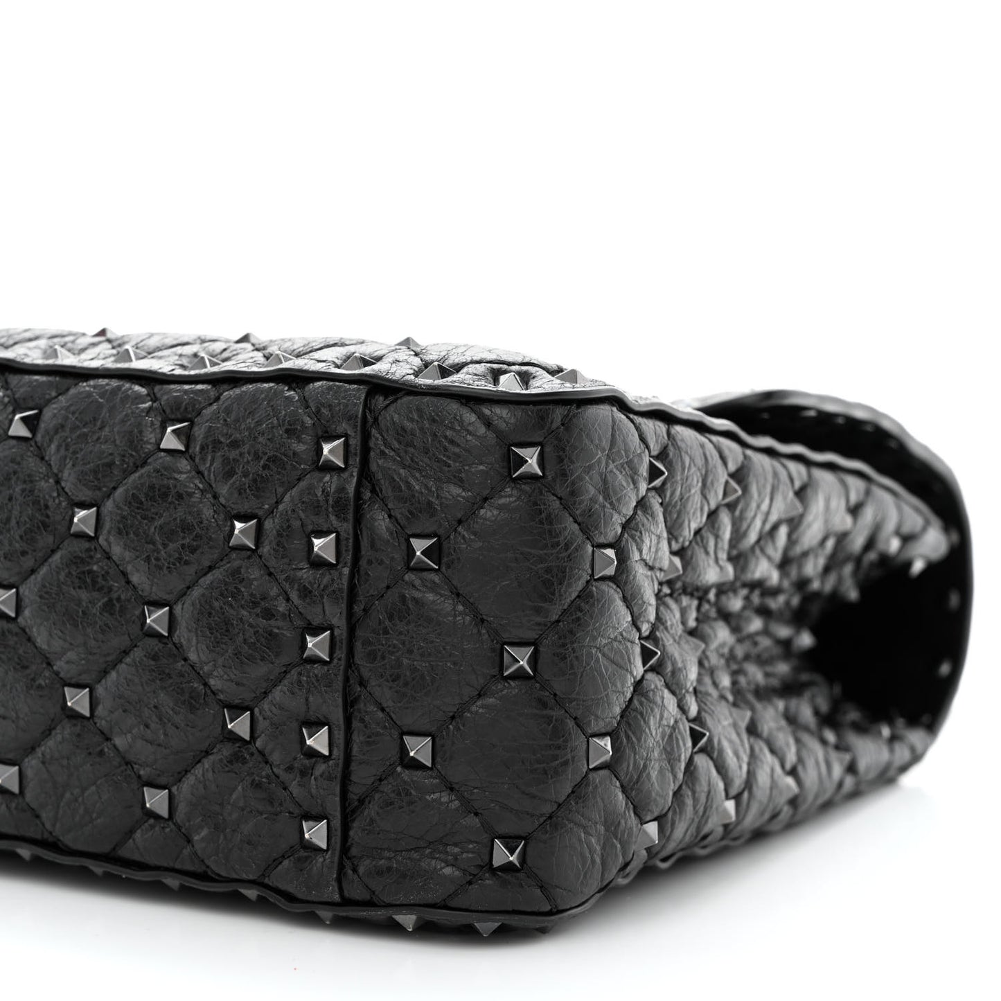 Craquele Nappa Large Rockstud Spike Shoulder Bag Black