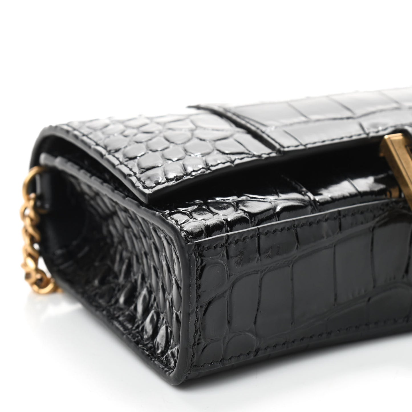 Shiny Calfskin Crocodile Embossed Hourglass Chain Bag Black