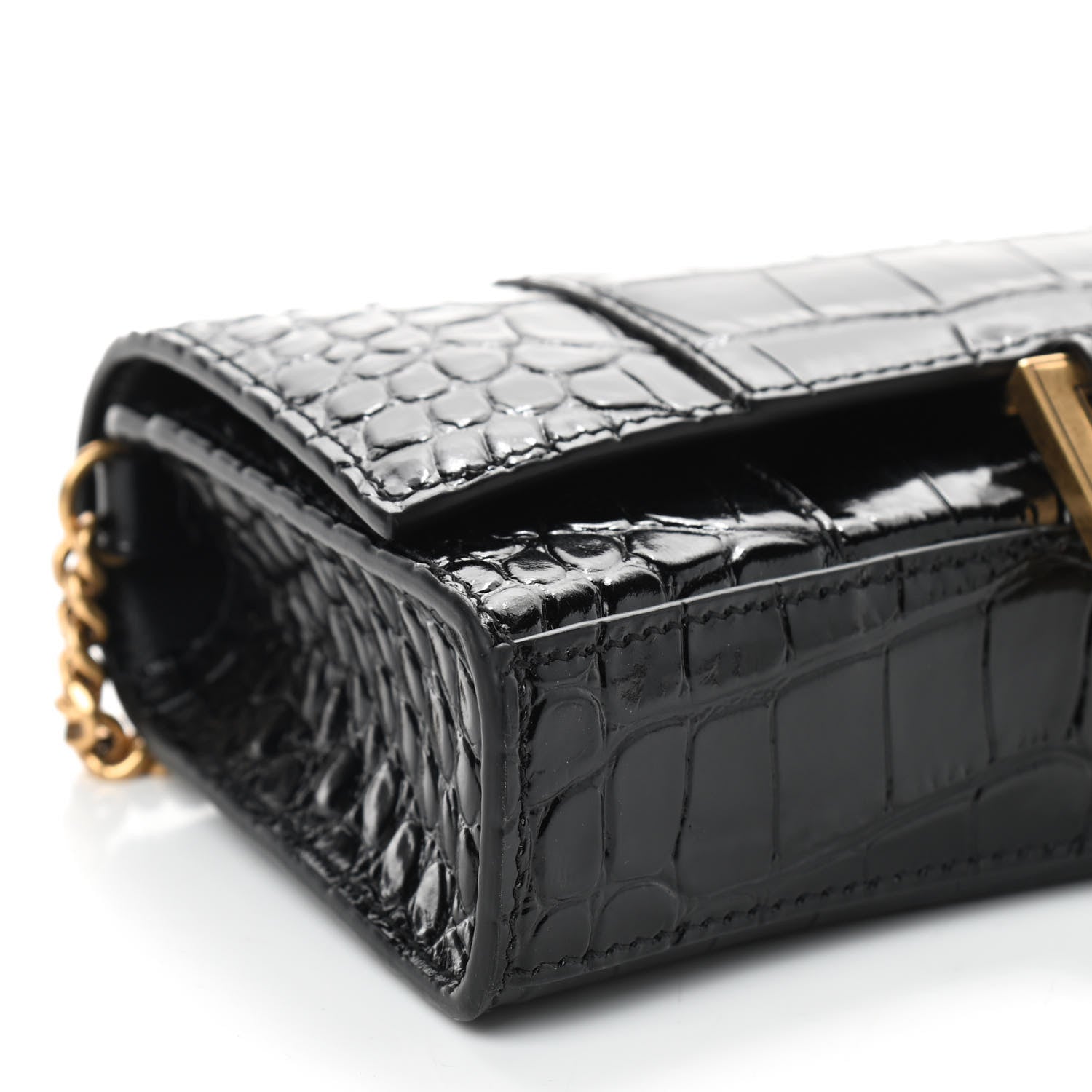 Balenciaga Shiny Calfskin Crocodile Embossed Hourglass Chain Bag Black 6 of 8