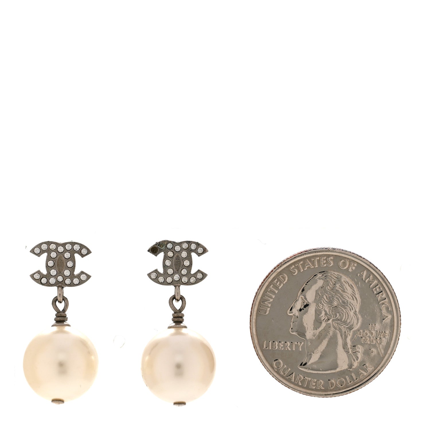 Chanel Crystal Pearl CC Drop Earrings Silver Pearly White 2 of 7