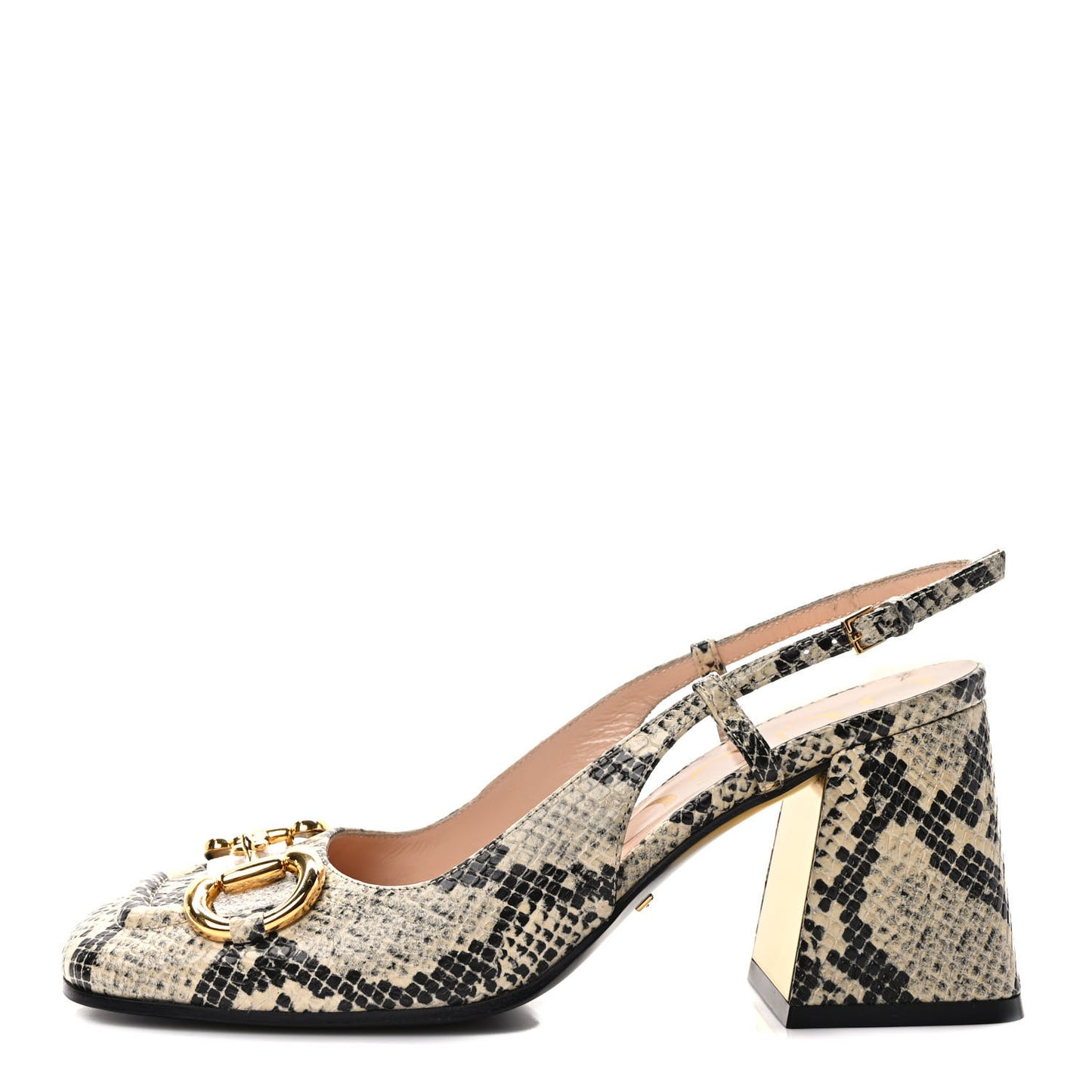 Calfskin Snakeskin Print Horsebit 75mm Slingback Pumps 36 Beige Avana