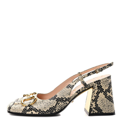 Gucci Calfskin Snakeskin Print Horsebit 75mm Slingback Pumps 36 Beige Avana 1 of 7