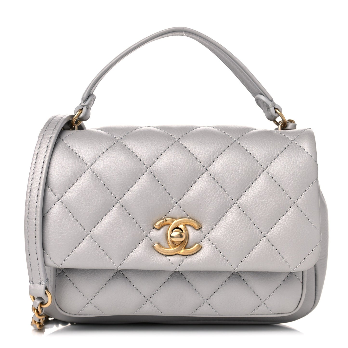 Calfskin Quilted Top Handle Flap Light Grey