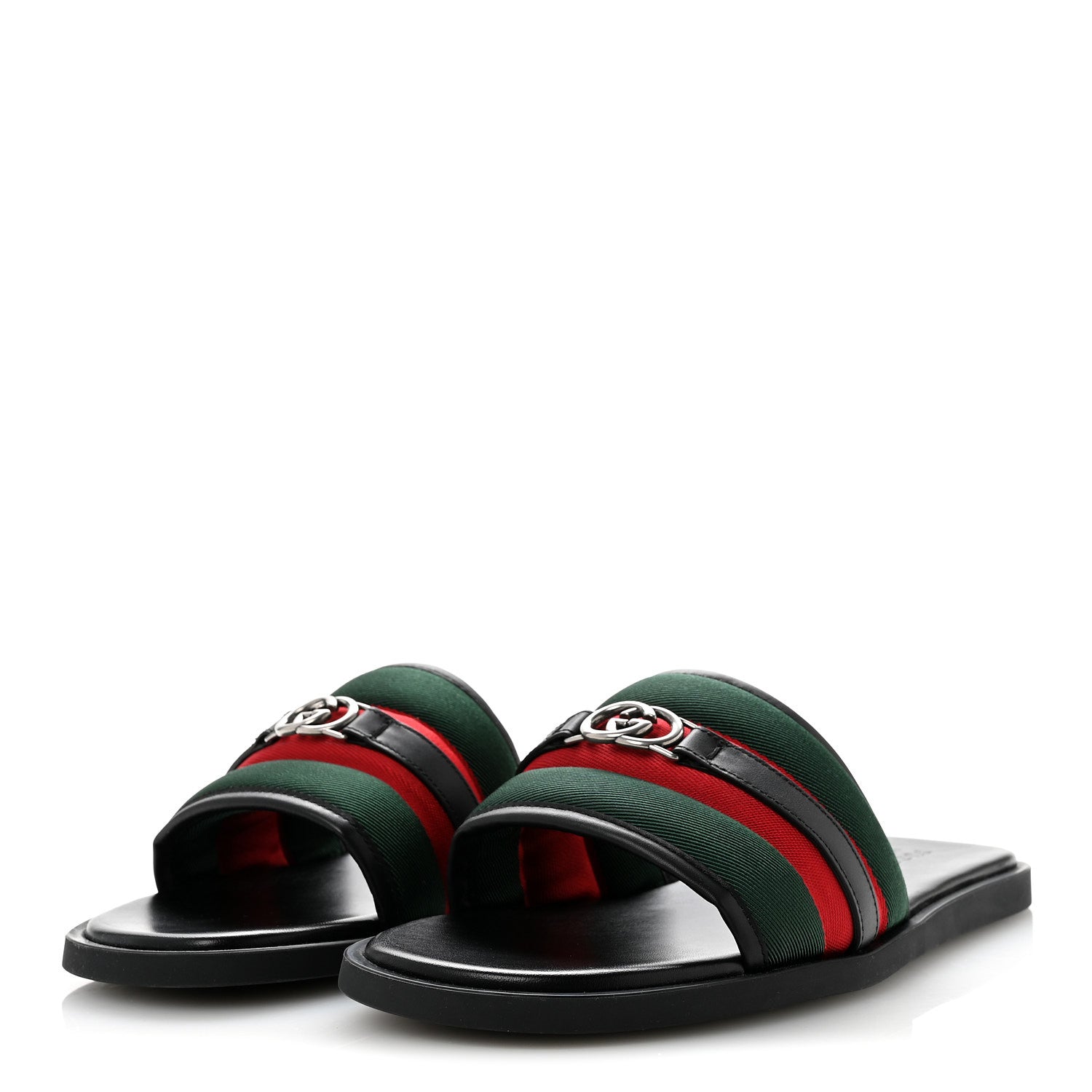 Gucci Nylon Calfskin Web Interlocking G Maverik Slide Sandals 12 Black Green Red 4 of 9
