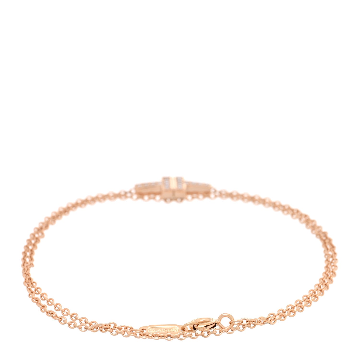 Tiffany 18K Rose Gold Diamond T Double Chain Bracelet 2 of 3