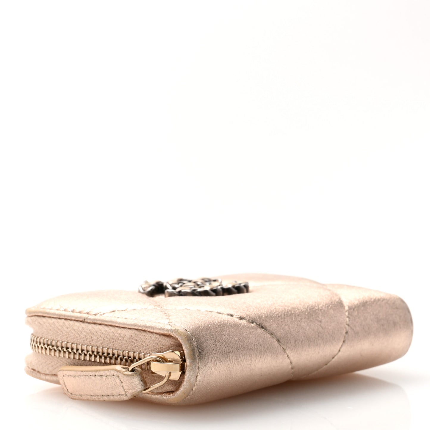 Metallic Lambskin Quilted Chanel 19 Zip Around Coin Purse Wallet Gold