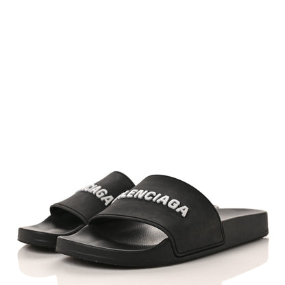 Balenciaga Rubber Womens Logo Pool Slide Sandals 39 Black White 3 of 6