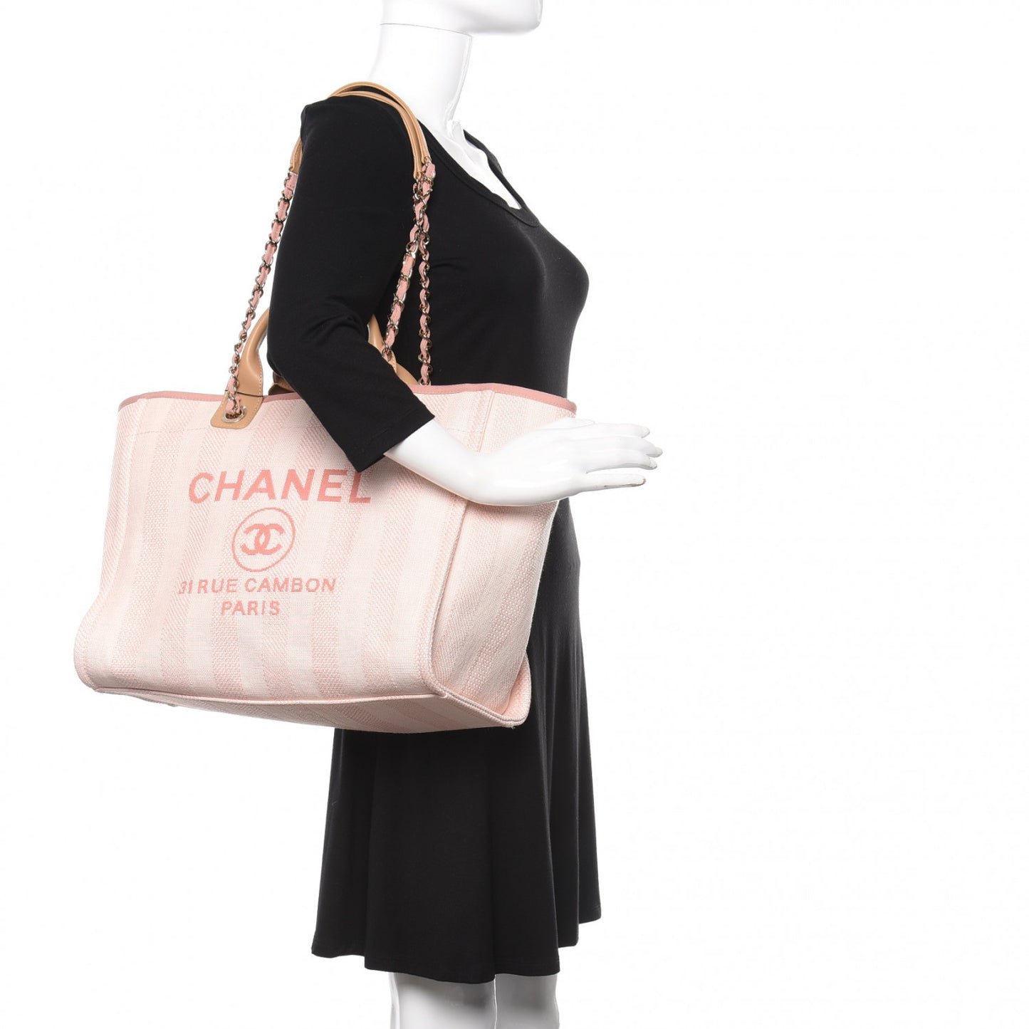 Straw Raffia Calfskin Striped Medium Deauville Tote Light Pink