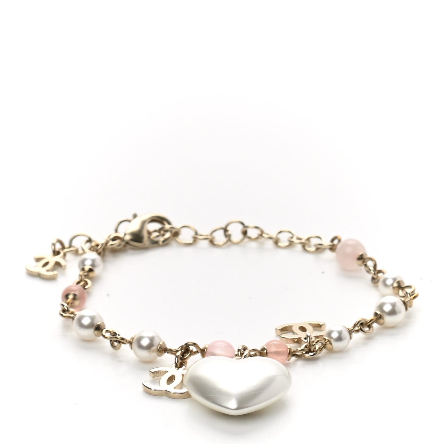 Pearl Crystal CC Heart Bracelet Pearly White Pink Gold