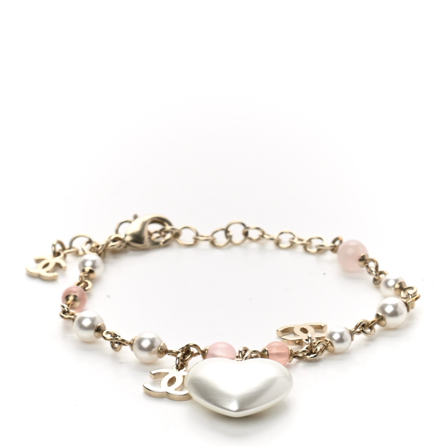 Chanel Pearl Crystal CC Heart Bracelet Pearly White Pink Gold 1 of 4