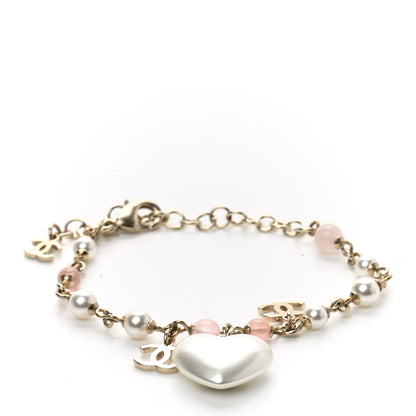 Chanel Pearl Crystal CC Heart Bracelet Pearly White Pink Gold 1 of 4