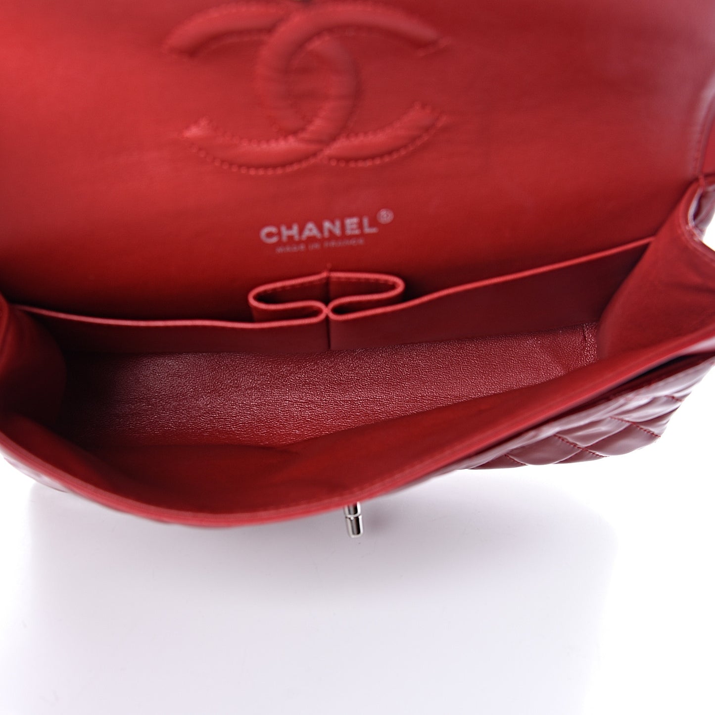 Patent Calfskin Quilted Medium Double Flap Red