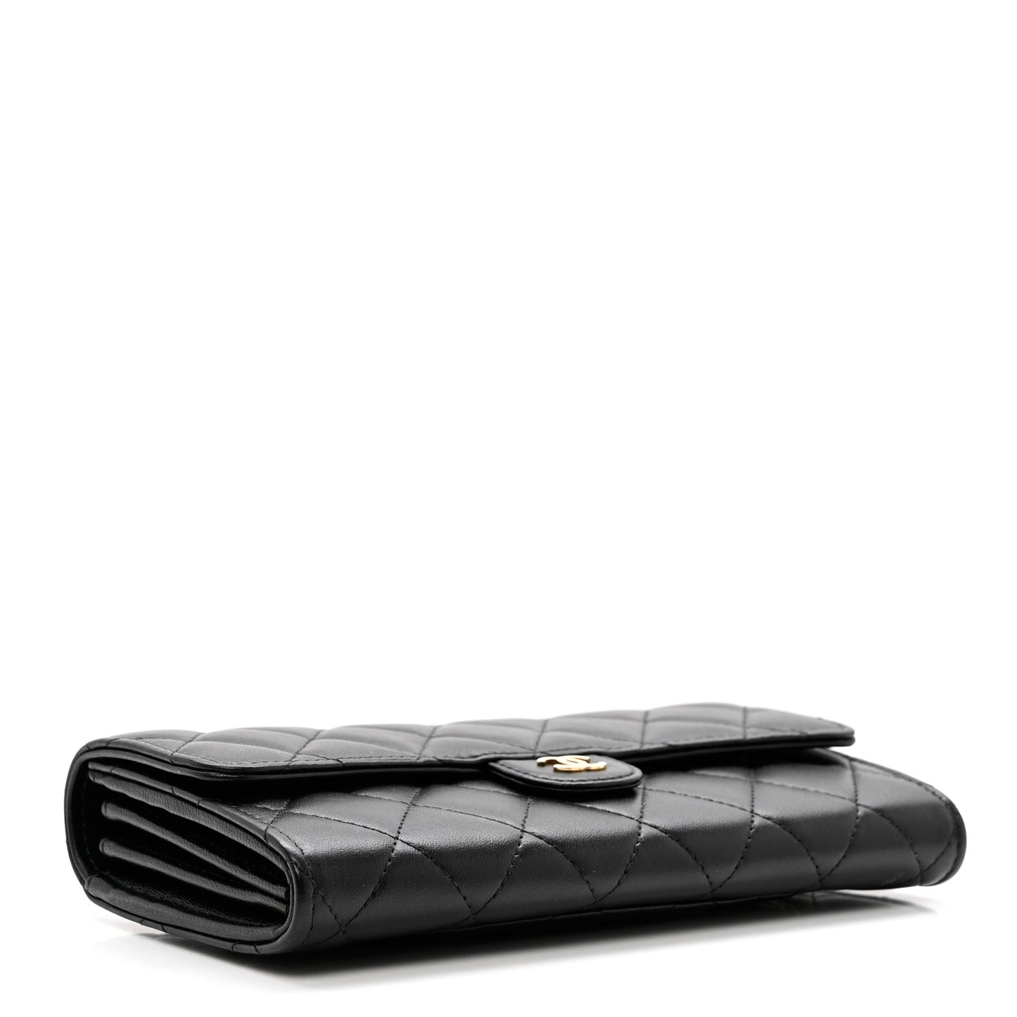 Lambskin Quilted Large Gusset Flap Wallet Black
