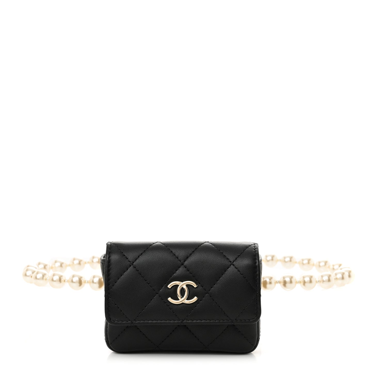 Lambskin Quilted Pearl Chain Belt Bag Black