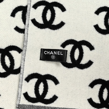 Chanel Wool Cashmere CC Scarf Black White 3 of 3