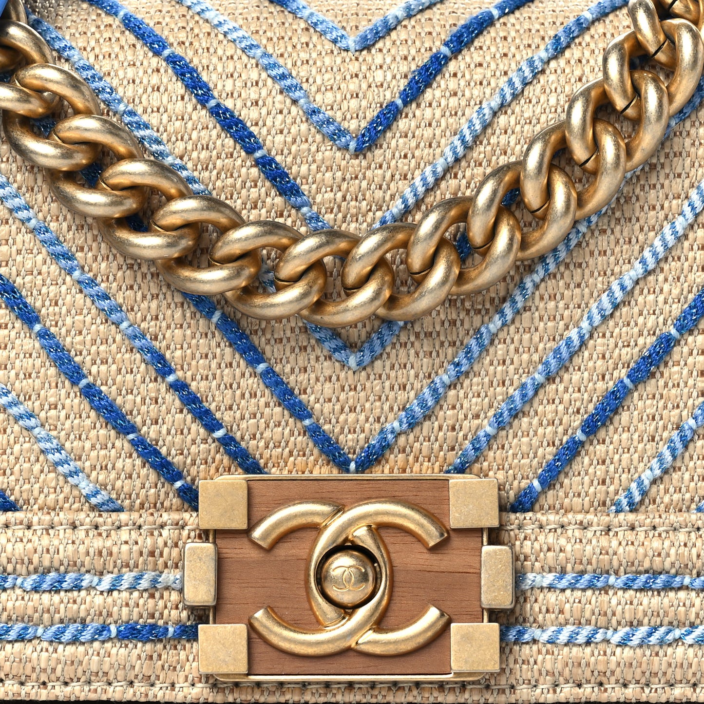 Cotton Canvas Calfskin Chevron Embroidered Small Boy Flap Beige Blue